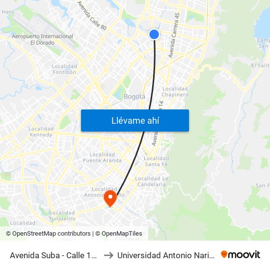 Avenida Suba - Calle 116 to Universidad Antonio Nariño map