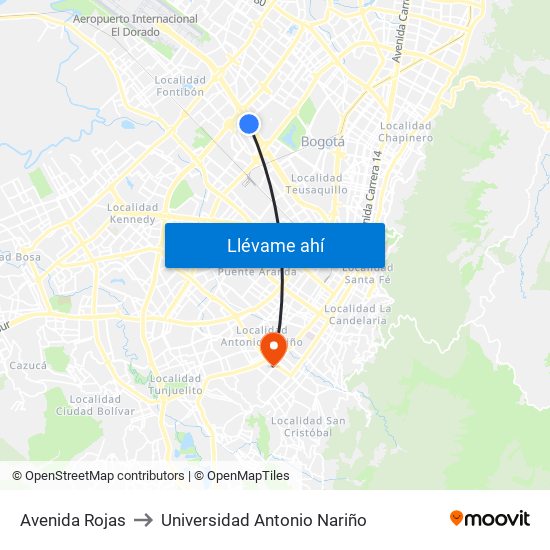 Avenida Rojas to Universidad Antonio Nariño map