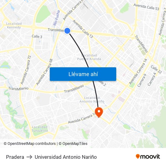 Pradera to Universidad Antonio Nariño map