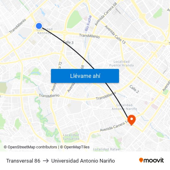 Transversal 86 to Universidad Antonio Nariño map