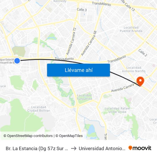 Br. La Estancia (Dg 57z Sur - Kr 74g) to Universidad Antonio Nariño map