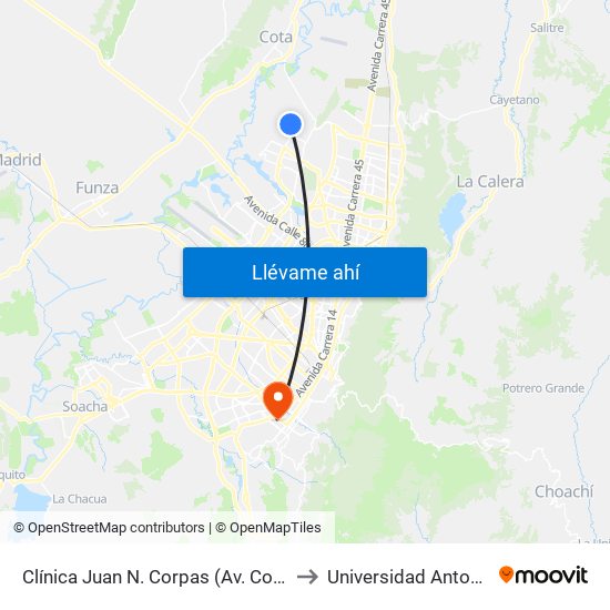 Clínica Juan N. Corpas (Av. Corpas - Cl 159a) to Universidad Antonio Nariño map