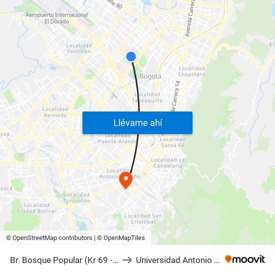 Br. Bosque Popular (Kr 69 - Cl 63a) to Universidad Antonio Nariño map