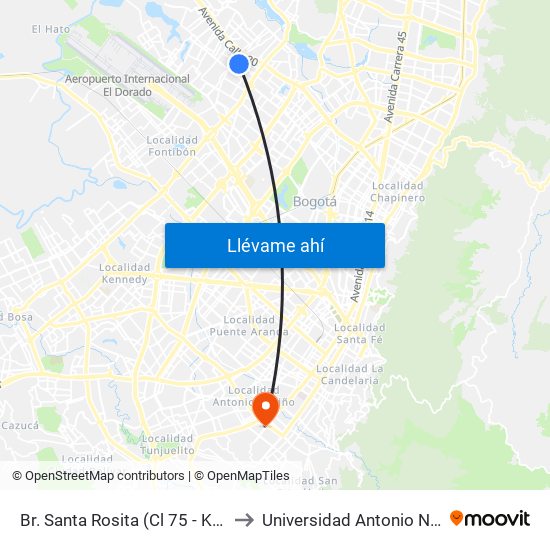 Br. Santa Rosita (Cl 75 - Kr 93a) to Universidad Antonio Nariño map