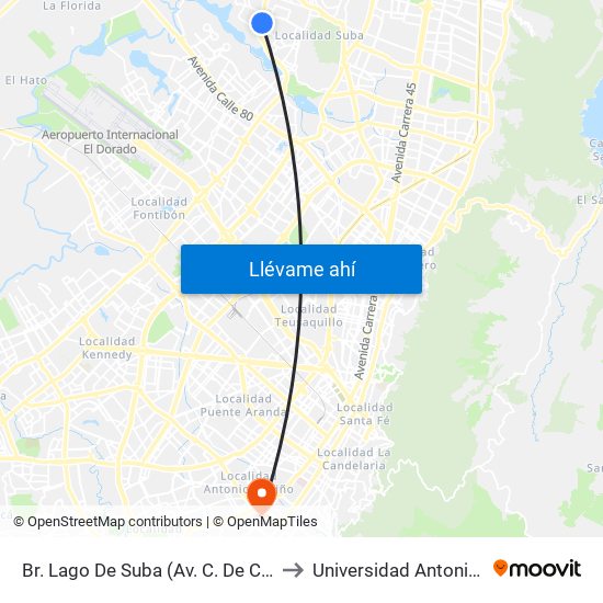 Br. Lago De Suba (Av. C. De Cali - Cl 130) to Universidad Antonio Nariño map