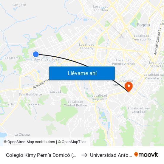 Colegio Kimy Pernía Domicó (Kr 89b - Cl 82 Sur) to Universidad Antonio Nariño map