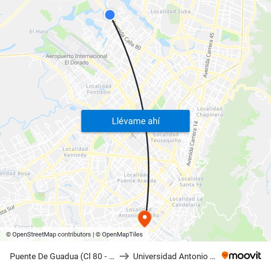 Puente De Guadua (Cl 80 - Kr 119) to Universidad Antonio Nariño map