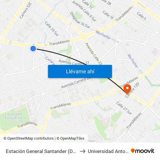 Estación General Santander (Dg 39a Sur - Tv 42) to Universidad Antonio Nariño map