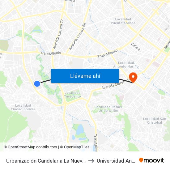 Urbanización Candelaria La Nueva (Kr 48g - Cl 59b Sur) to Universidad Antonio Nariño map