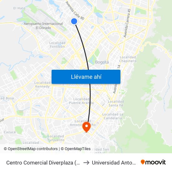 Centro Comercial Diverplaza (Kr 96 - Cl 71c) to Universidad Antonio Nariño map