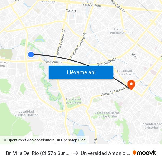 Br. Villa Del Río (Cl 57b Sur - Kr 68a) to Universidad Antonio Nariño map