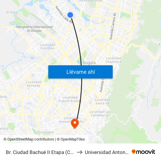 Br. Ciudad Bachué II Etapa (Cl 83 - Kr 95d) to Universidad Antonio Nariño map