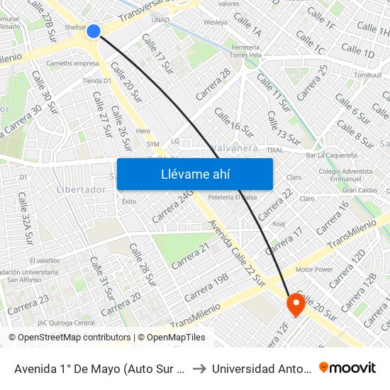 Avenida 1° De Mayo (Auto Sur - Av. 1 De Mayo) to Universidad Antonio Nariño map