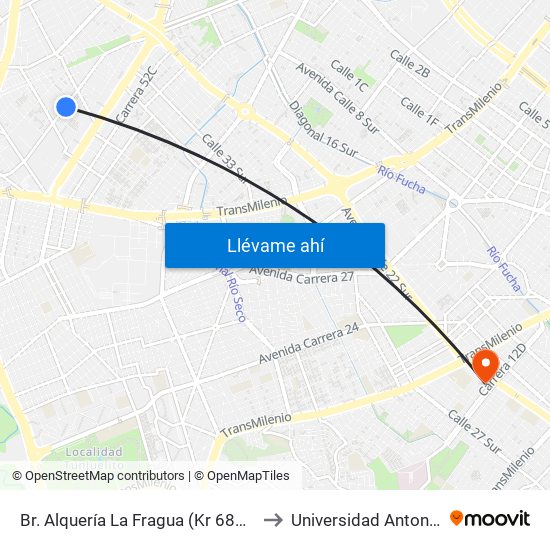 Br. Alquería La Fragua (Kr 68d - Cl 38a Sur) to Universidad Antonio Nariño map