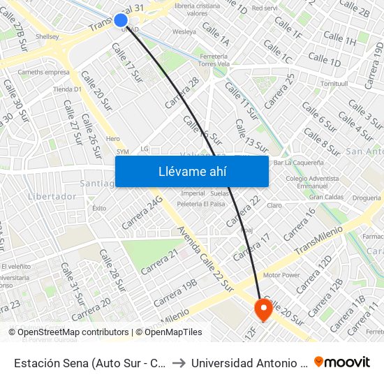 Estación Sena (Auto Sur - Cl 12 Sur) to Universidad Antonio Nariño map