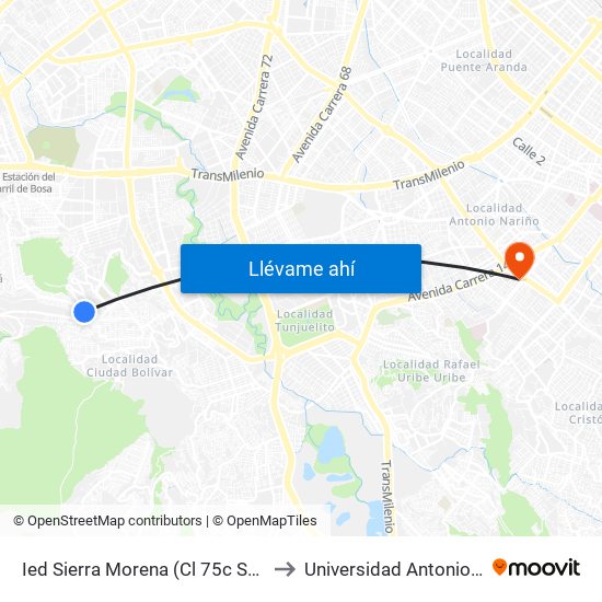 Ied Sierra Morena (Cl 75c Sur - Tv 53) to Universidad Antonio Nariño map
