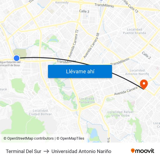 Terminal Del Sur to Universidad Antonio Nariño map