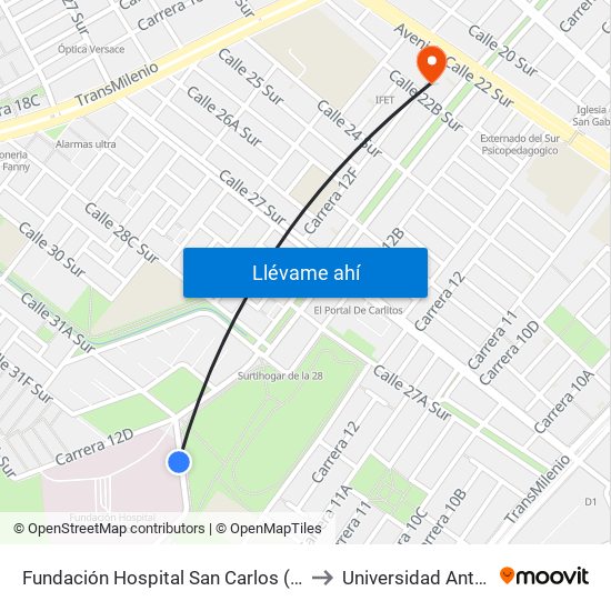 Fundación Hospital San Carlos (Cl 31a Sur - Kr 12b) to Universidad Antonio Nariño map