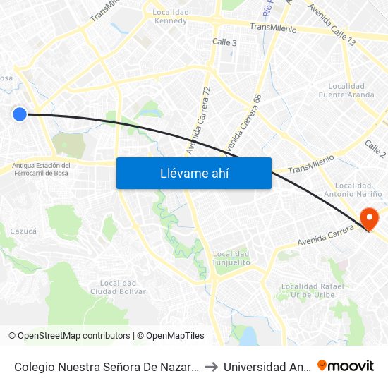 Colegio Nuestra Señora De Nazareth (Kr 80c - Cl 65d Sur) to Universidad Antonio Nariño map