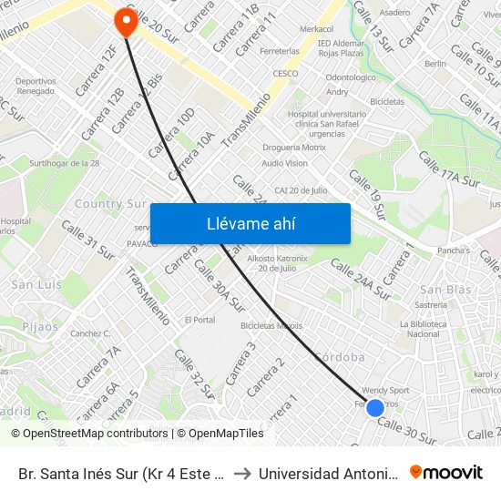 Br. Santa Inés Sur (Kr 4 Este - Cl 29 Sur) to Universidad Antonio Nariño map