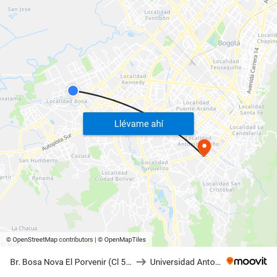 Br. Bosa Nova El Porvenir (Cl 59c Sur - Kr 87d) to Universidad Antonio Nariño map