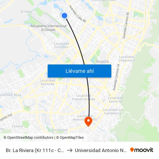 Br. La Riviera (Kr 111c - Cl 70f) to Universidad Antonio Nariño map