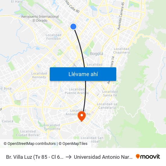 Br. Villa Luz (Tv 85 - Cl 64i) to Universidad Antonio Nariño map