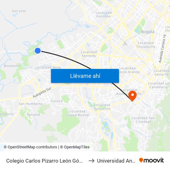 Colegio Carlos Pizarro León Gómez (Cl 73 Sur - Kr 103) to Universidad Antonio Nariño map