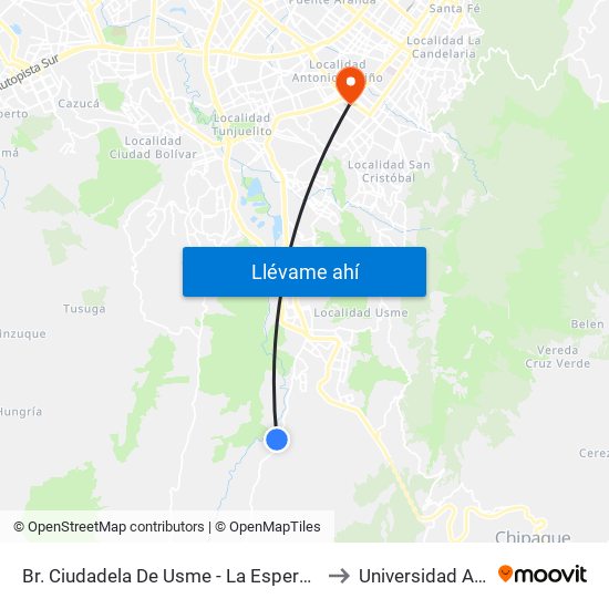 Br. Ciudadela De Usme - La Esperanza I Etapa (Cl 136 - Kr 14b) to Universidad Antonio Nariño map