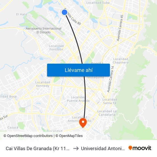 Cai Villas De Granada (Kr 112a - Cl 77c) to Universidad Antonio Nariño map