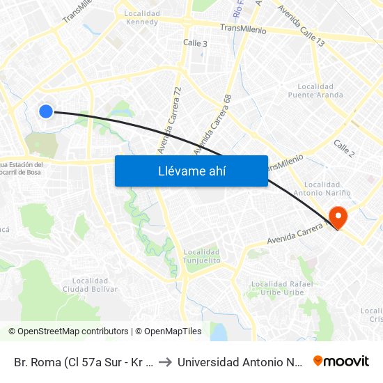 Br. Roma (Cl 57a Sur - Kr 78f) to Universidad Antonio Nariño map