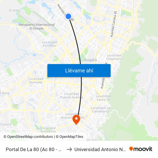 Portal De La 80 (Ac 80 - Kr 96) to Universidad Antonio Nariño map