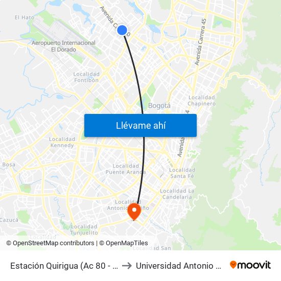 Estación Quirigua (Ac 80 - Kr 94) to Universidad Antonio Nariño map