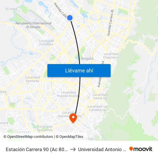 Estación Carrera 90 (Ac 80 - Kr 90) to Universidad Antonio Nariño map