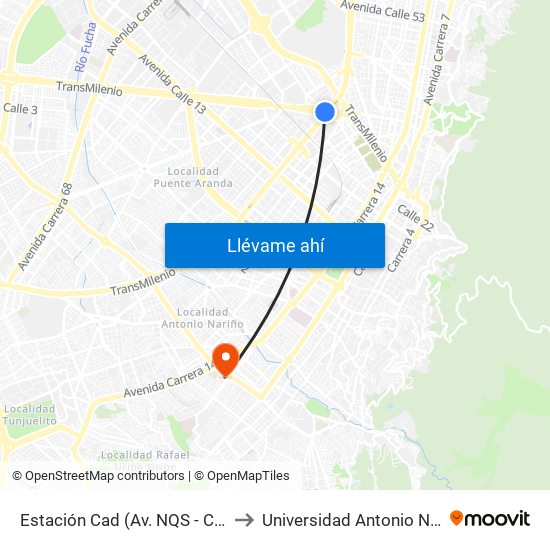 Estación Cad (Av. NQS - Cl 22c) to Universidad Antonio Nariño map