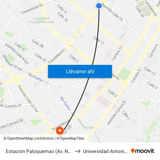 Estación Paloquemao (Av. NQS - Cl 17a) to Universidad Antonio Nariño map