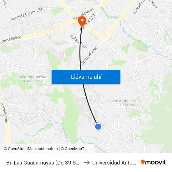 Br. Las Guacamayas (Dg 39 Sur - Kr 1d Este) to Universidad Antonio Nariño map