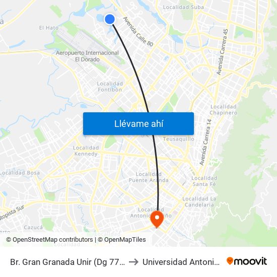 Br. Gran Granada Unir (Dg 77 - Tv 120a) to Universidad Antonio Nariño map