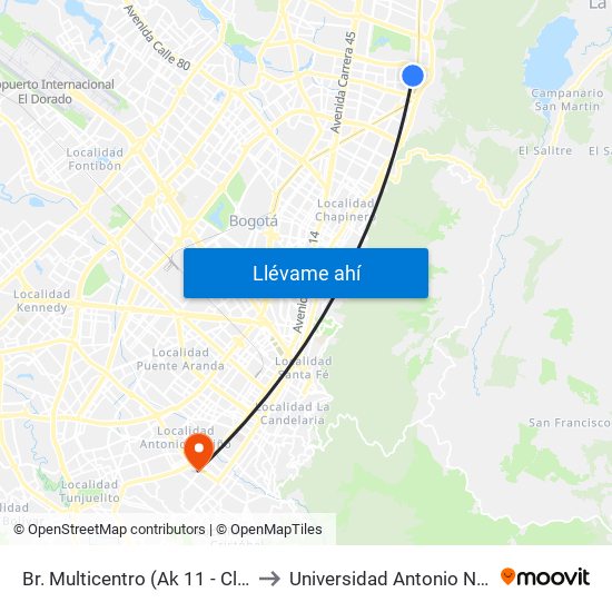 Br. Multicentro (Ak 11 - Cl 123) to Universidad Antonio Nariño map