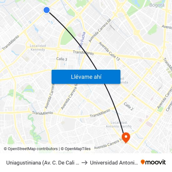 Uniagustiniana (Av. C. De Cali - Cl 11a) (A) to Universidad Antonio Nariño map