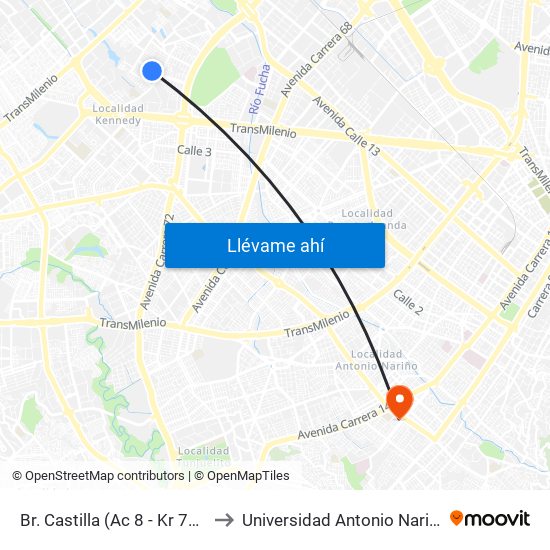 Br. Castilla (Ac 8 - Kr 78c) to Universidad Antonio Nariño map