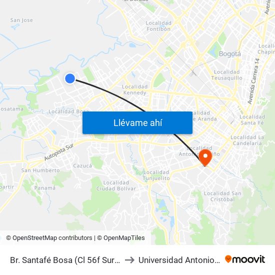 Br. Santafé Bosa (Cl 56f Sur - Kr 98c) to Universidad Antonio Nariño map