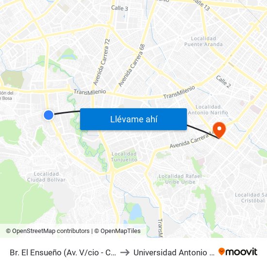 Br. El Ensueño (Av. V/cio - Cl 68 Sur) to Universidad Antonio Nariño map