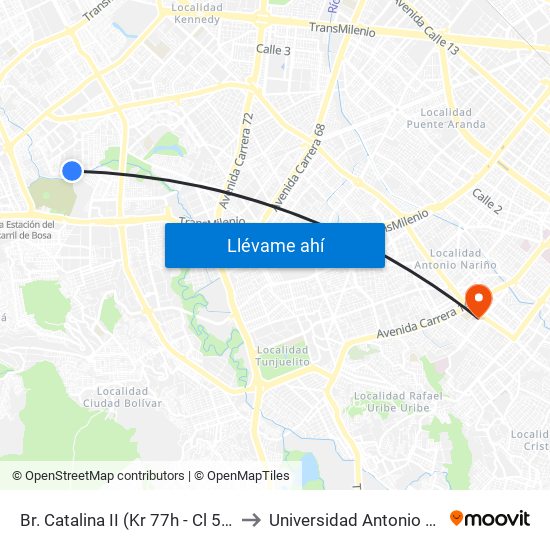 Br. Catalina II (Kr 77h - Cl 54d Sur) to Universidad Antonio Nariño map