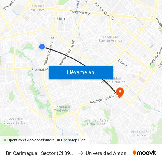 Br. Carimagua I Sector (Cl 39b Sur - Kr 72i) to Universidad Antonio Nariño map