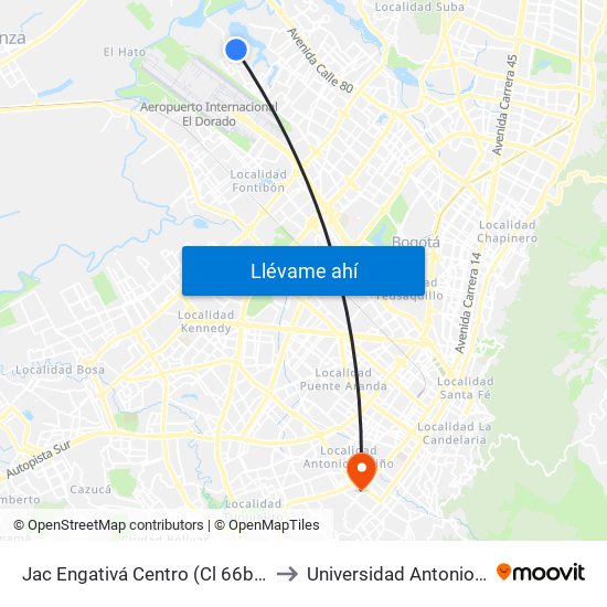 Jac Engativá Centro (Cl 66b - Kr 121) to Universidad Antonio Nariño map