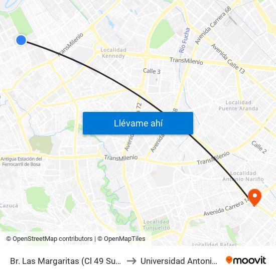 Br. Las Margaritas (Cl 49 Sur - Kr 90a) to Universidad Antonio Nariño map