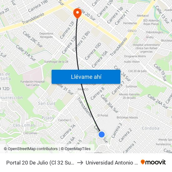 Portal 20 De Julio (Cl 32 Sur - Kr 3f) to Universidad Antonio Nariño map