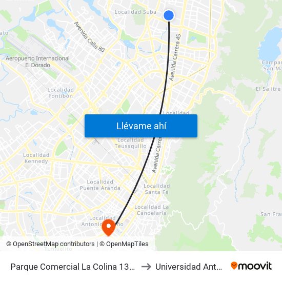 Parque Comercial La Colina 138 (Ac 138 - Kr 55) to Universidad Antonio Nariño map