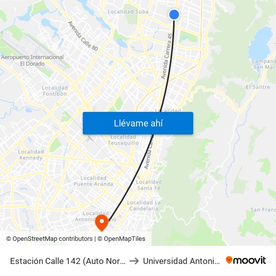 Estación Calle 142 (Auto Norte - Cl 144) to Universidad Antonio Nariño map
